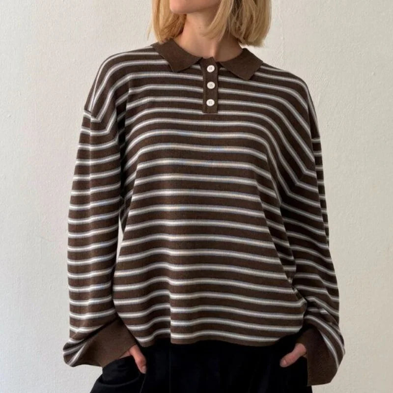Vintage Rib Knitted Striped Collared Sweater Loose Long Sleeve Pullover Knit Top