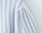 Sweet Blue White Striped Button Through Pointelle Knit Cardigan Sweater Woman Full Puff Sleeve Jumper Cropped Knitwear