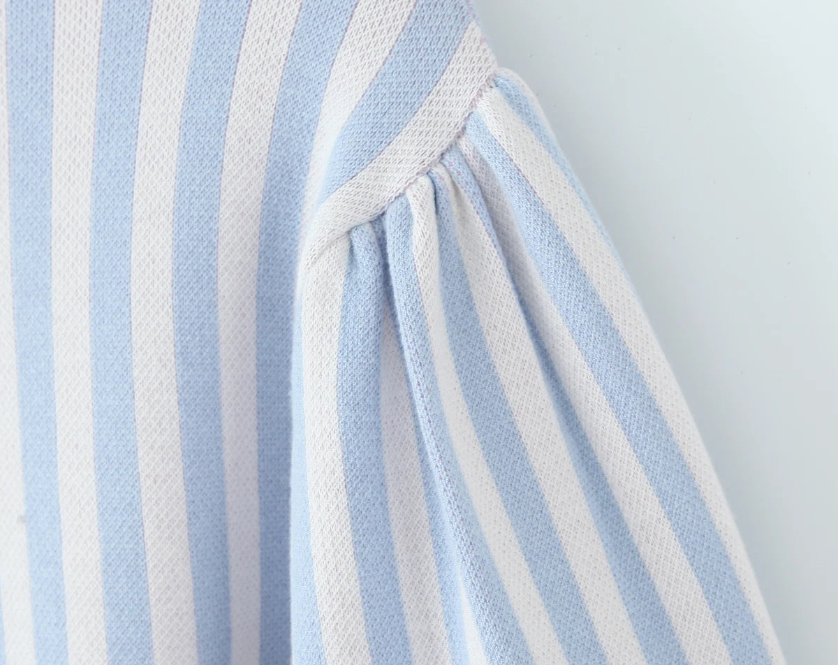 Sweet Blue White Striped Button Through Pointelle Knit Cardigan Sweater Woman Full Puff Sleeve Jumper Cropped Knitwear
