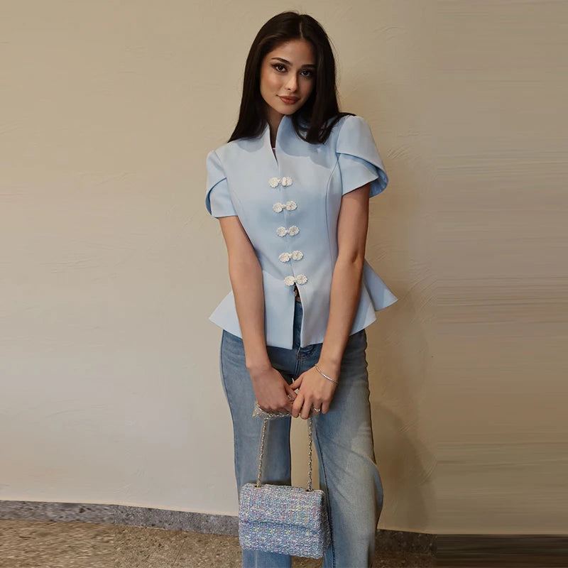 Blue Stand Collar Puff Sleeve Blazer Single Breasted