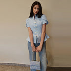 Blue Stand Collar Puff Sleeve Blazer Single Breasted