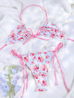 Floral Bow Pink Bikini Swimsuit For Women Low Waist Bandage Beachwear Chic Summer Bathing Suit