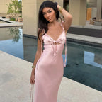 Backless Lace Up Midi Dress With Spaghetti Straps