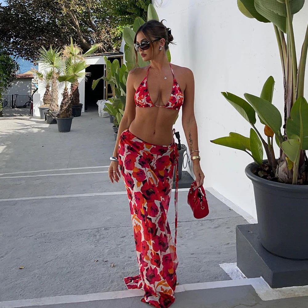 Floral Whisper Three Piece Bikini Set With Beach Skirt Coverup For Summer Swimwear