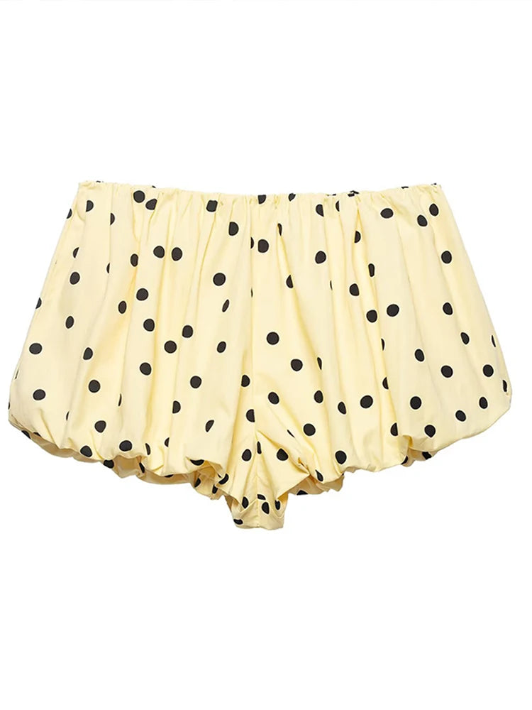 Yellow Polka Dot Pleated Set With Balloon Shorts And Cropped Top