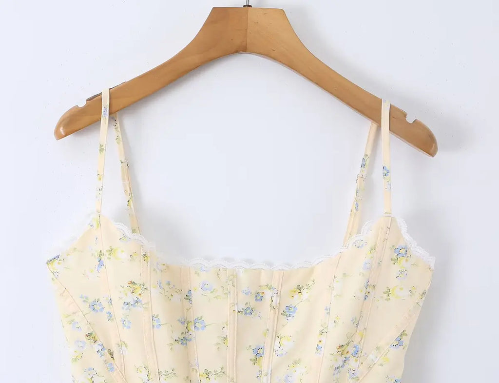 Sunlit Yellow Floral Corset Top With Lace Trim And Delicate Spaghetti Straps