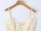 Sunlit Yellow Floral Corset Top With Lace Trim And Delicate Spaghetti Straps