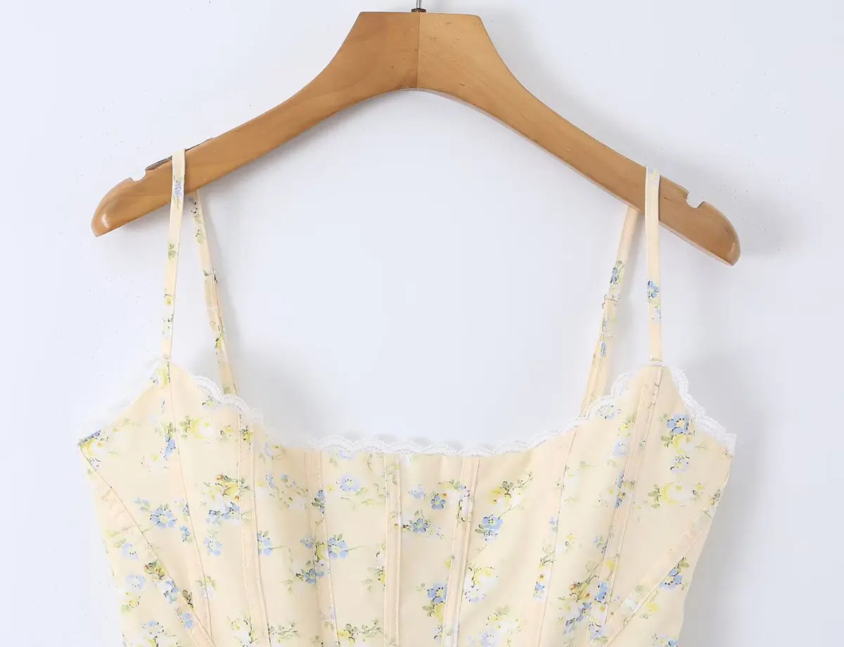 Sunlit Yellow Floral Corset Top With Lace Trim And Delicate Spaghetti Straps
