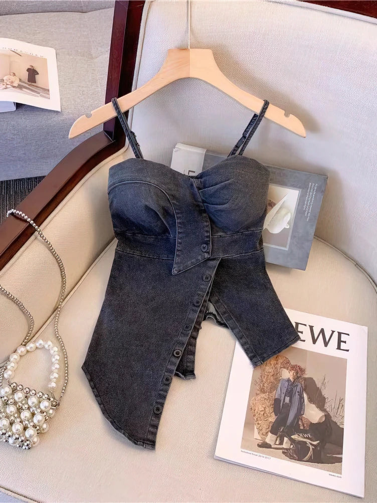 Denim Bustier Camisole Crop Top With Removable Strapless Corset