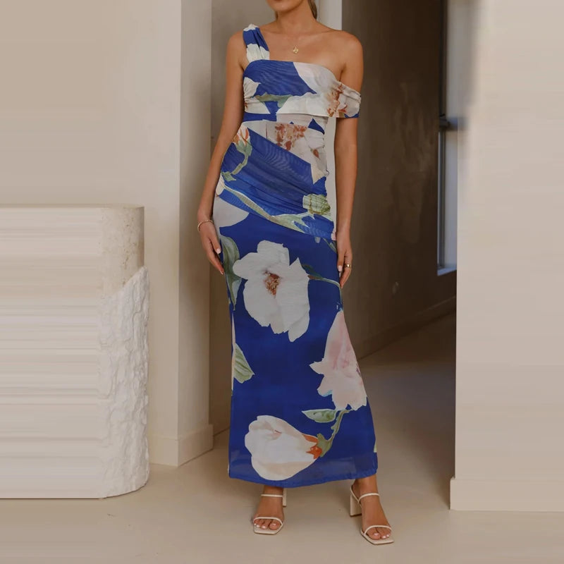 Elegant Floral Mesh Maxi Dress Sleeveless With Slash Collar