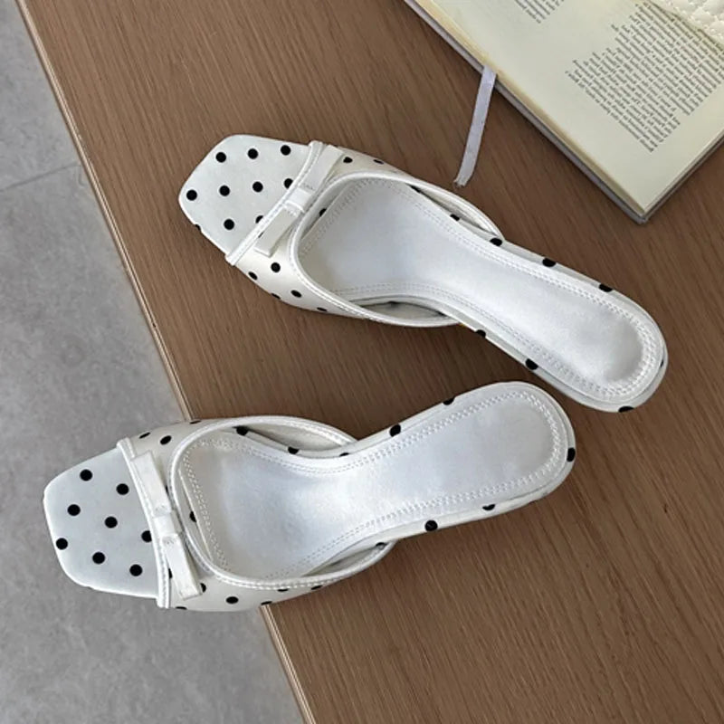 Satin Polka Dot Square Toe Sandals With Lightweight Low Heels