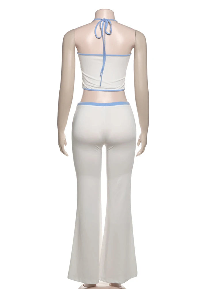 Halter Crop Top Two Piece Set With Drawstring Flare Pants Bold Letter Print
