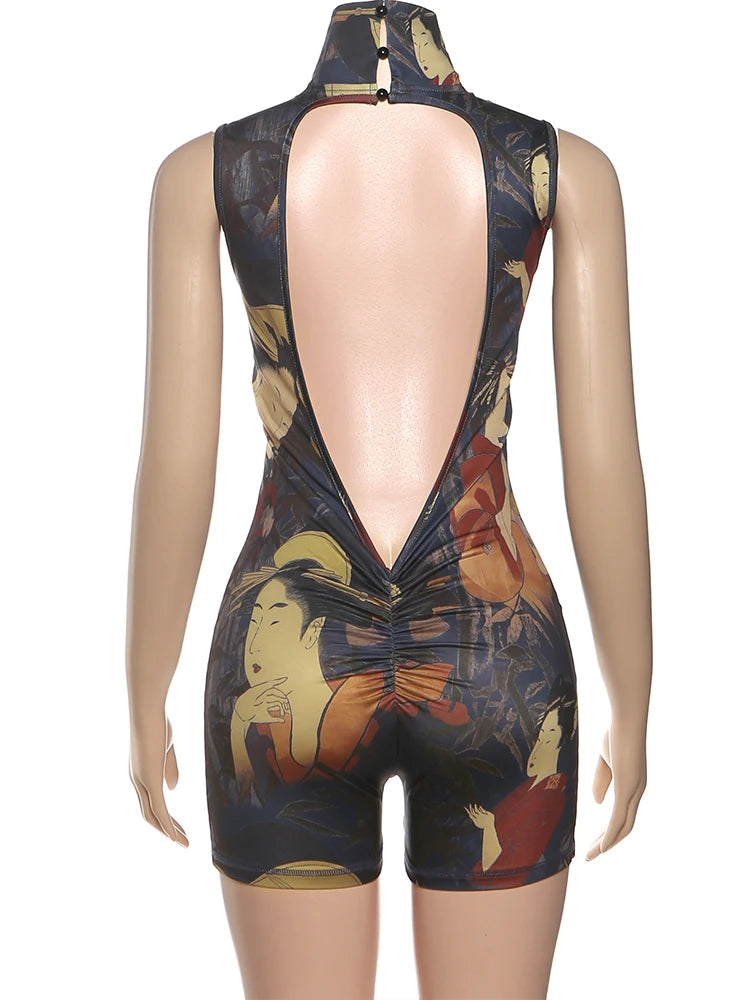 Backless Romper Women Sexy Button Turtleneck Sleeveless Ruched Vintage Cartoon Print Stretch Skinny Club Playsuit