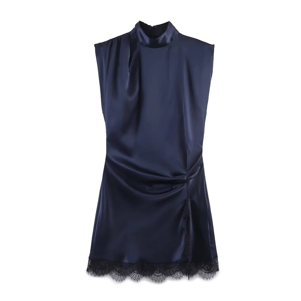 Pleated Hem Patchwork Mini Dress With Lace Inset Slit Detail Sleeveless Back Zip