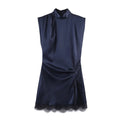 Pleated Hem Patchwork Mini Dress With Lace Inset Slit Detail Sleeveless Back Zip