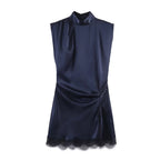 Pleated Hem Patchwork Mini Dress With Lace Inset Slit Detail Sleeveless Back Zip