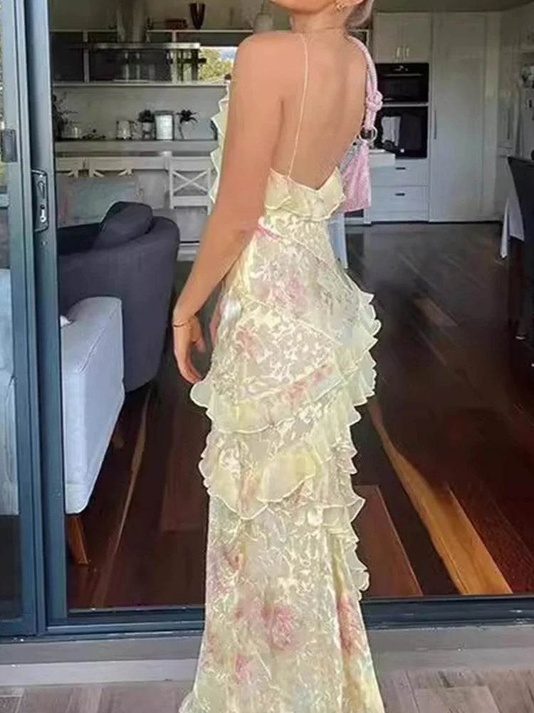 Women's V Neck Ruffled Slim Long Fashion Sleeveless Floral Print Backless Dress