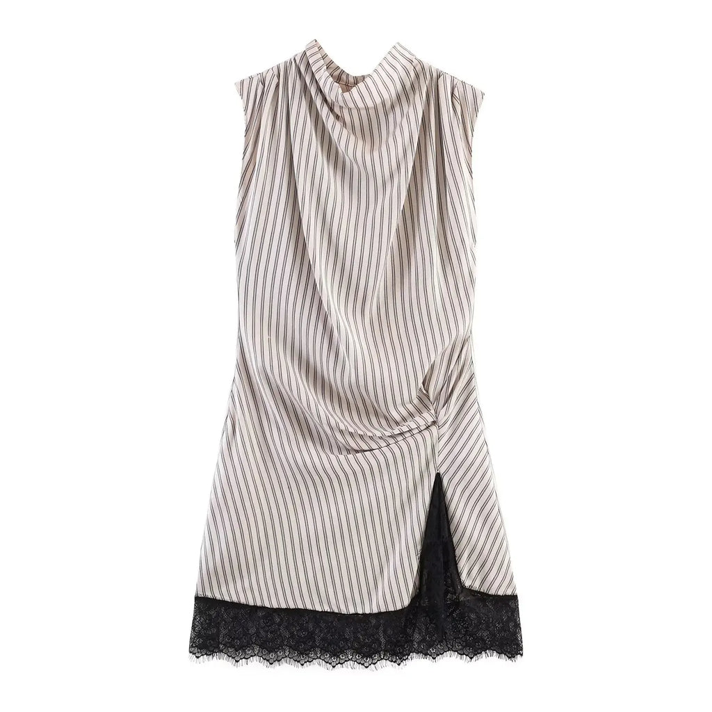 Pleated Hem Patchwork Mini Dress With Lace Inset Slit Detail Sleeveless Back Zip