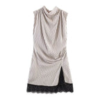 Pleated Hem Patchwork Mini Dress With Lace Inset Slit Detail Sleeveless Back Zip