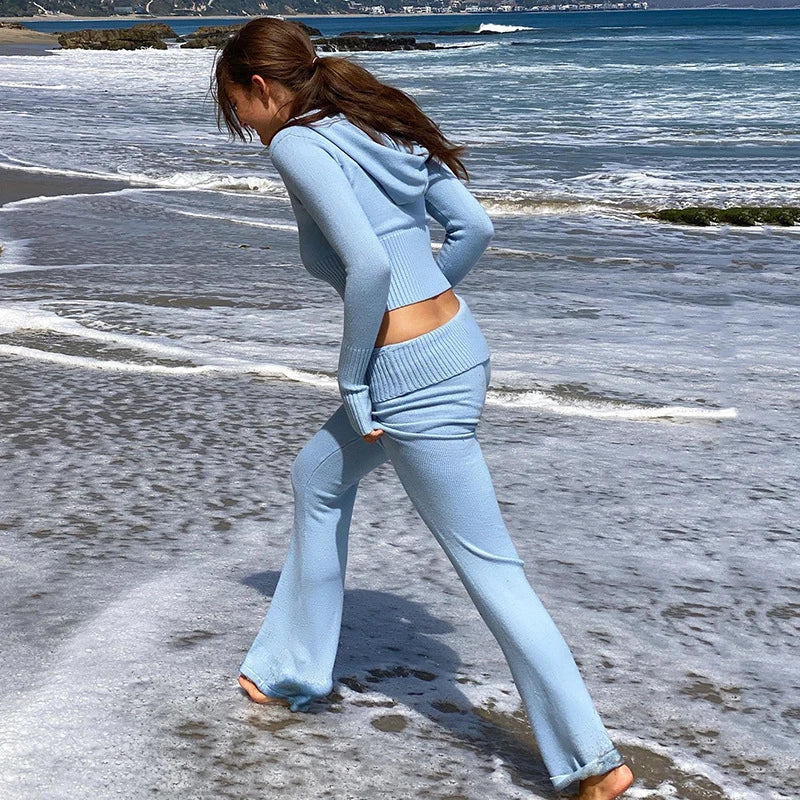 Ribbed Knit Two Piece Tracksuit Set With Hooded Crop Top And Elastic Zippered Pants