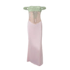 Color Block Off Shoulder Satin Maxi Dress With Lace Mesh Corset Bodice Elegant Evening Gown