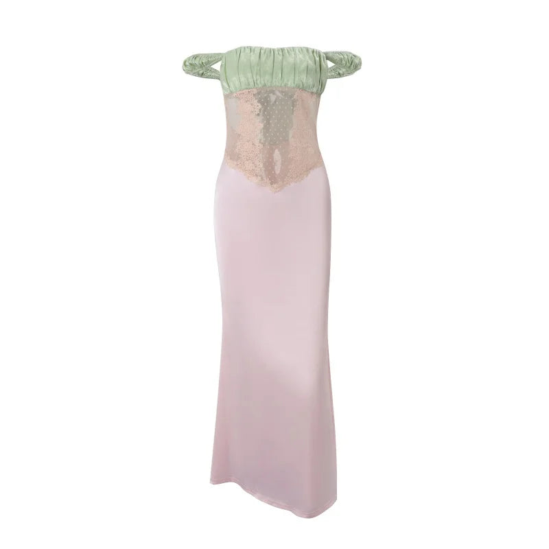 Color Block Off Shoulder Satin Maxi Dress With Lace Mesh Corset Bodice Elegant Evening Gown