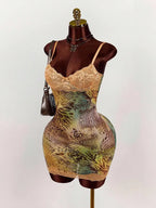 Lace Mini Dress With Spaghetti Straps High Waist Backless Retro Print