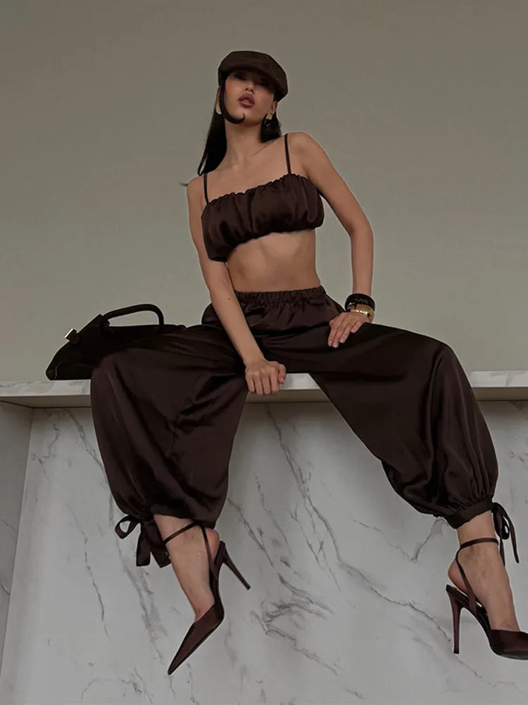 Women's Trousers 2 Pcs Suits Pleated Spaghetti Strap Cropped Tube Tops Elastic Waist Lace Up Pants