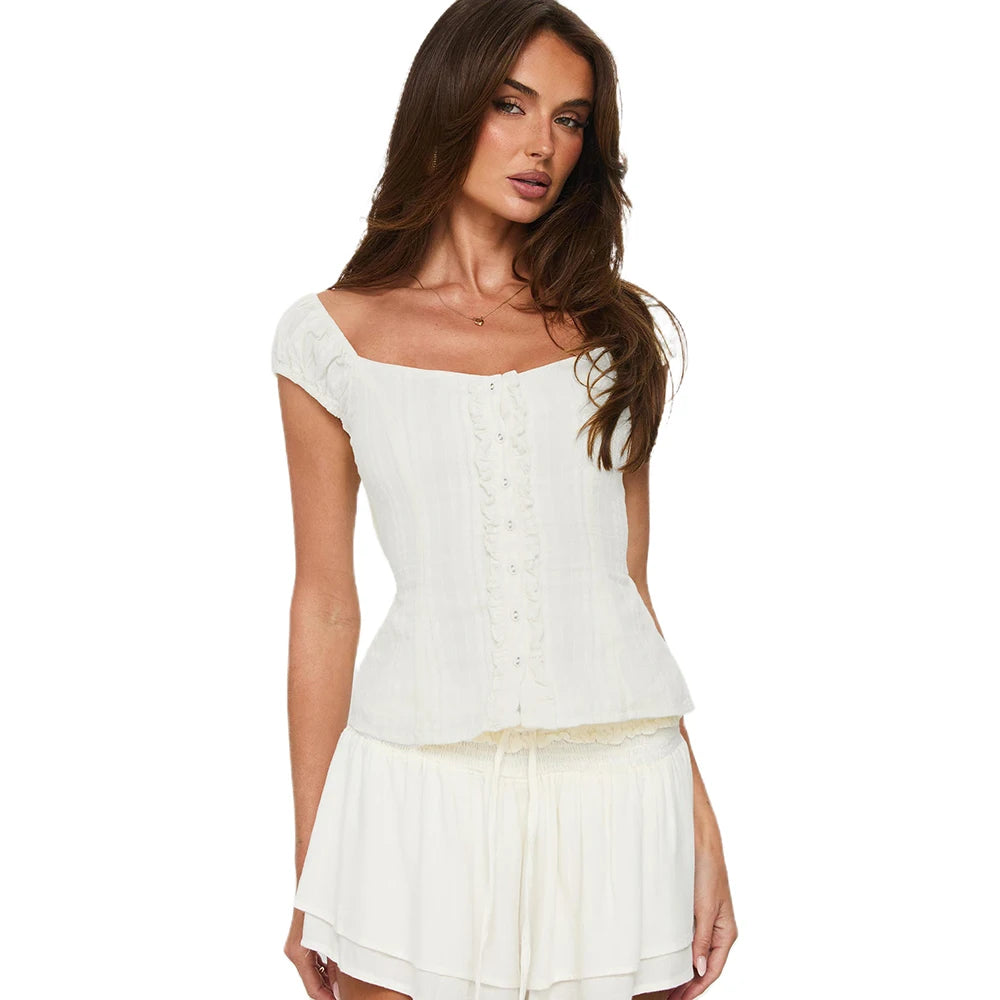 Cap Sleeve Button Down Blouse With Delicate Frill Trim