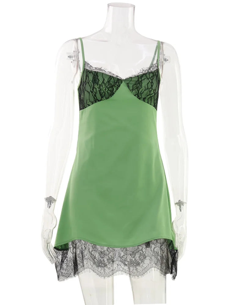 Green Camisole Lace Patchwork Slim Sheath Mini Dress