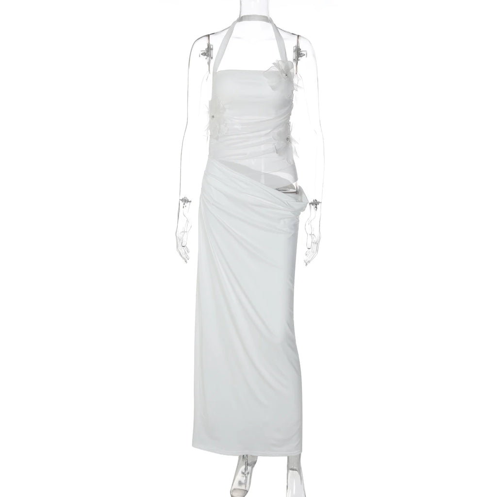 Halter Backless Sheer Mesh Maxi Dress With Floral Embellishment