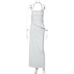 Halter Backless Sheer Mesh Maxi Dress With Floral Embellishment
