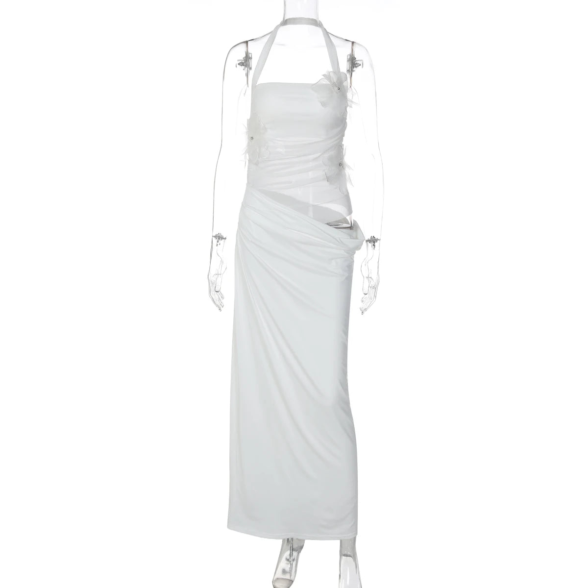 Halter Backless Sheer Mesh Maxi Dress With Floral Embellishment