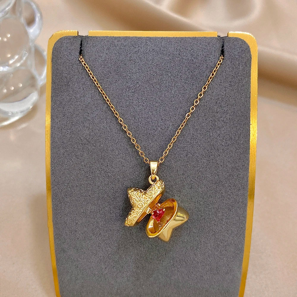 Openable Star And Heart Zircon Necklace In Stainless Steel Romantic Womens Jewelry