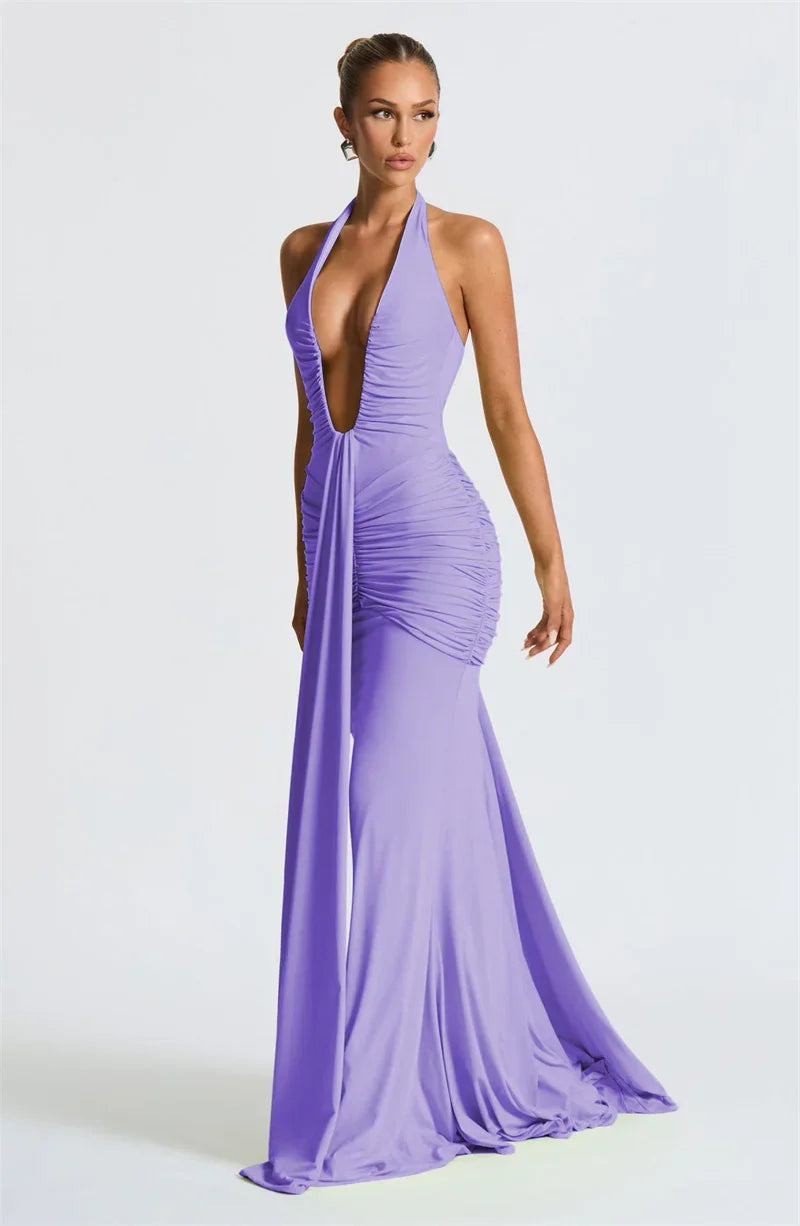 Deep V-Neck Backless Ruched Maxi Dress Halter Gown
