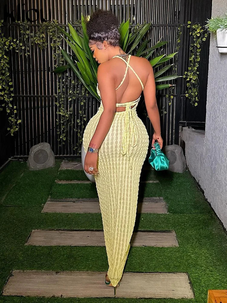 Ruched Spaghetti Strap Maxi Dress Backless Bandage For Women