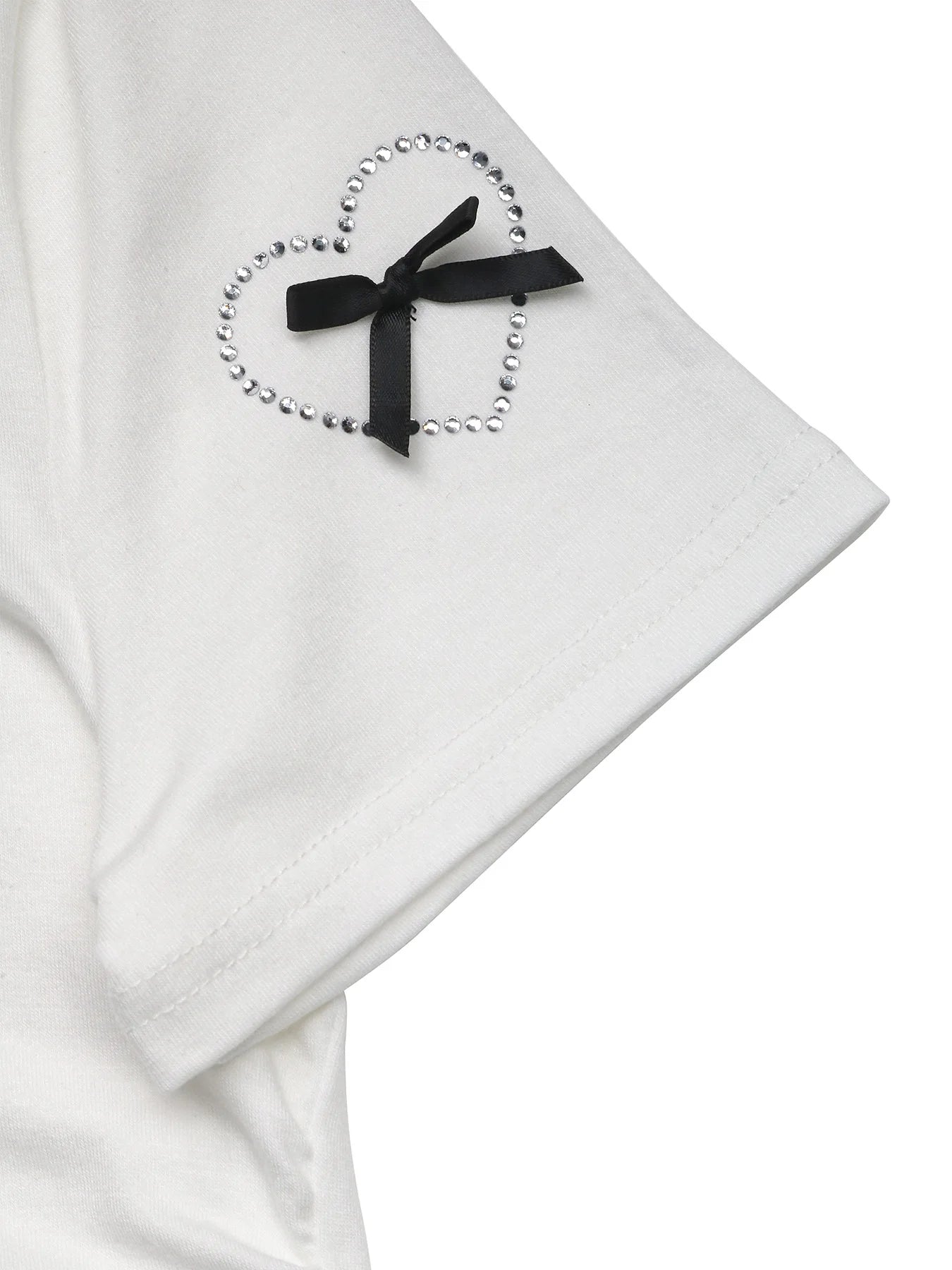 White Bow Heart Crop Tee O Neck Short Sleeve