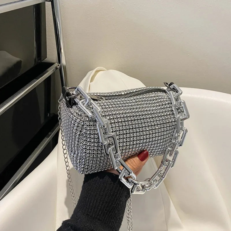 Mini Crossbody Rhinestone Bucket Bag With Glitter Chain Purse