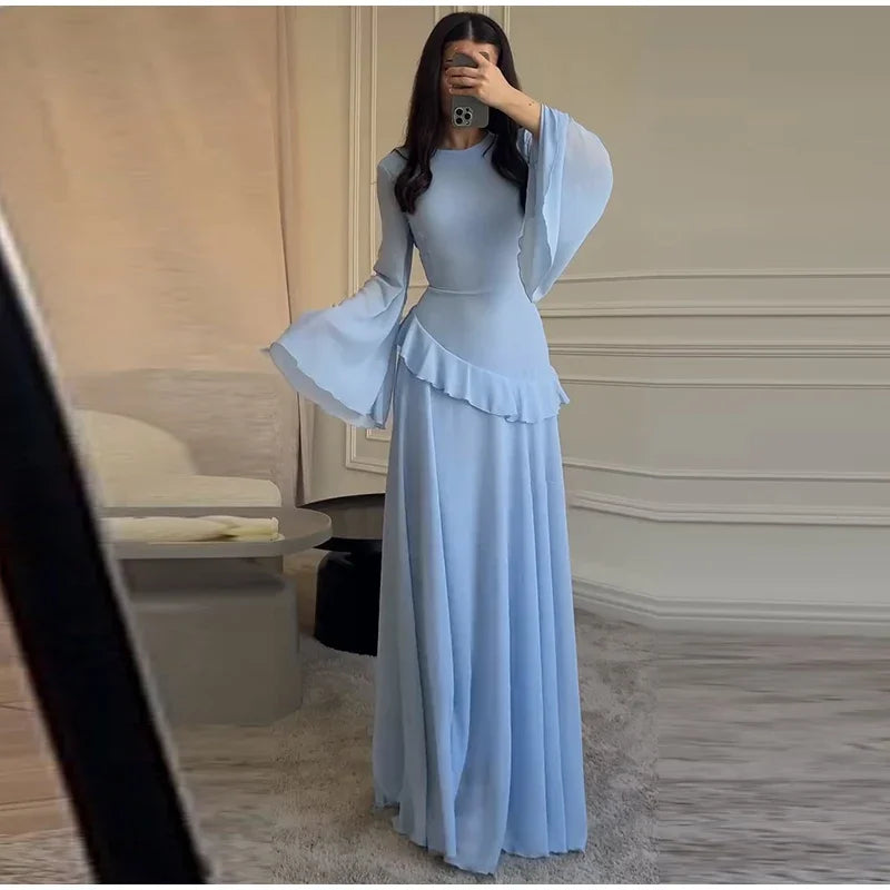 Flare Sleeve Maxi Dress With Ruffle Detail O Neck High Waist Pleated