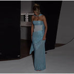 Sequins Off Shoulder Dress With Cinched Waist Sheer Ribbon Pleated Long Sleeves Glam