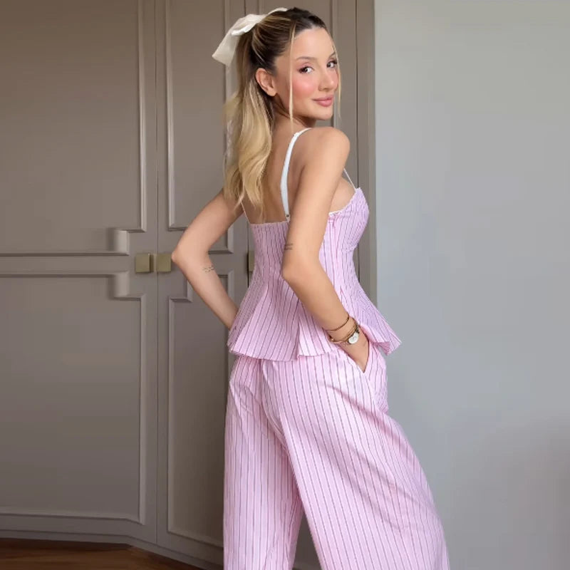 Striped Pant Sets With Crop Top Bow Detail And High Waist Trousers