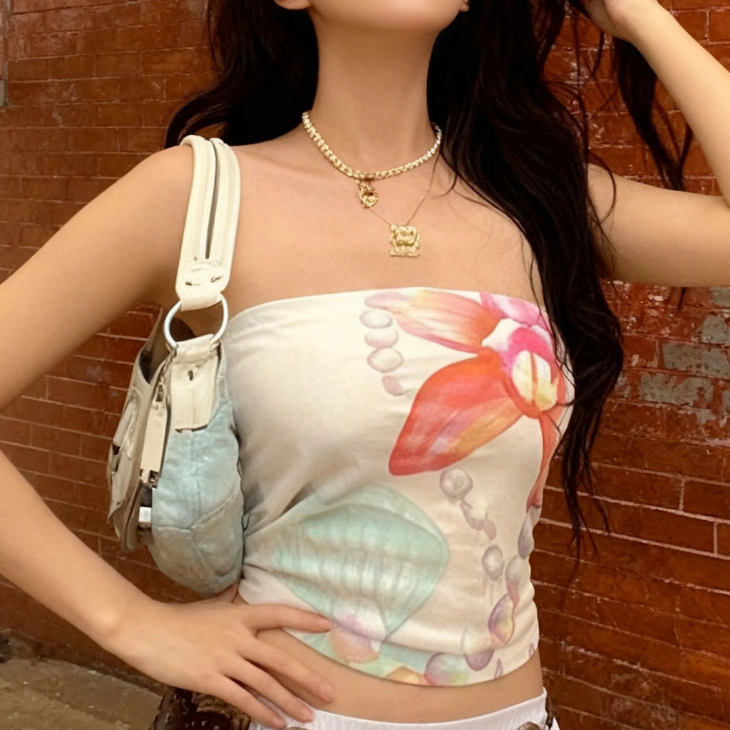 Floral Tube Top With Off Shoulder Silky Sleeveless