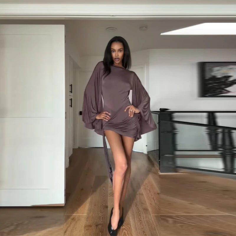 Draped Elegant Romper Batwing Sleeve Ruched Waist Tie