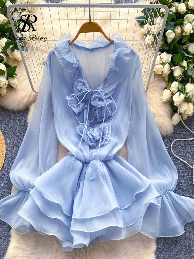 Boho 3D Floral Chiffon Sundress With Long Sleeves Lace Up Ruffle Detail
