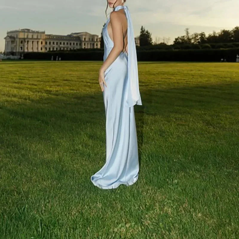 Satin Halter Backless Maxi Dress With Ribbon Tie Sleeveless Evening Gown