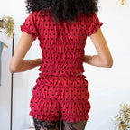 Vintage Ruffled Loungewear Set With Dot Print Top And Shorts Cozy Scoop Neck