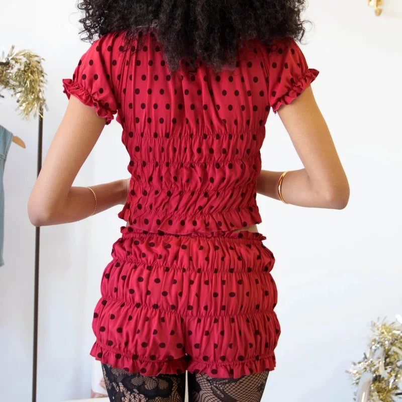 Vintage Ruffled Loungewear Set With Dot Print Top And Shorts Cozy Scoop Neck