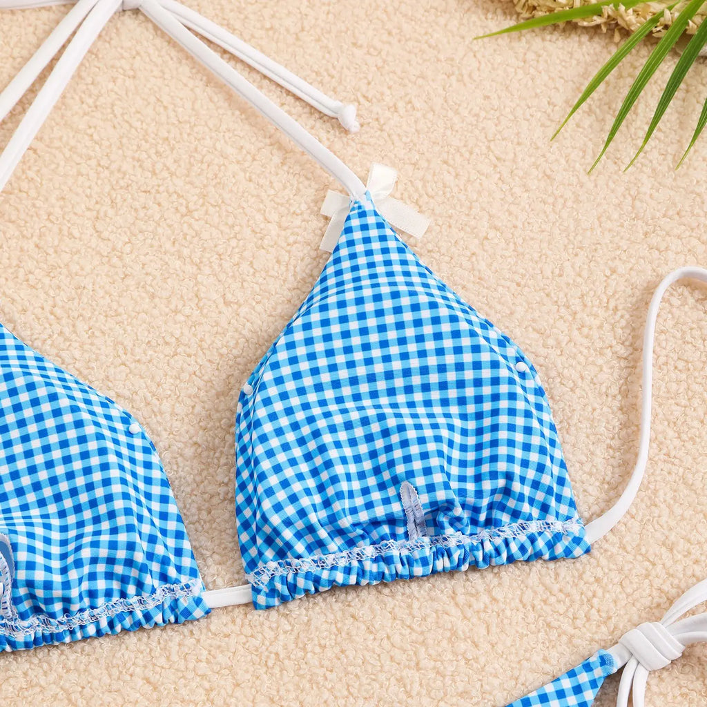 Plaid Dot Swimsuit With Neck Bow Tie Vintage Beachwear