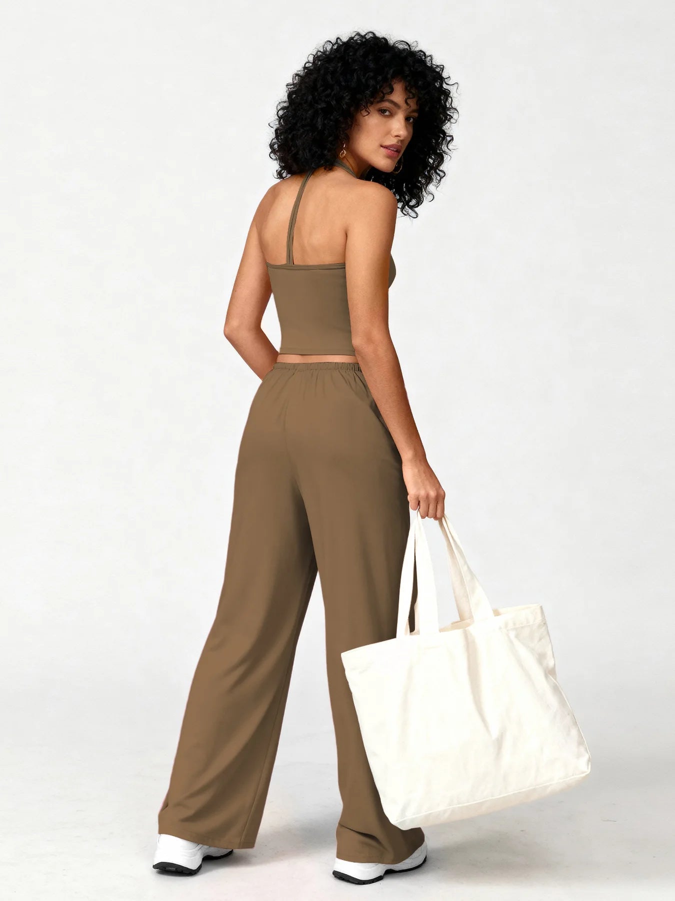 Two Piece Set With Sleek V Neck Tank Backless Detail And Wide Leg Pants
