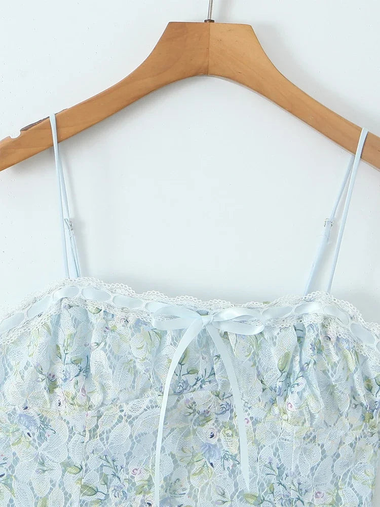 Sweet Floral Print Lace Patchwork Mini Sexy Slim Backless Strap Short Dress